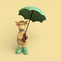 Otis the Highland Cow with Green Umbrella & Wellies 16cm - Cherish Home