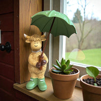 Otis the Highland Cow with Green Umbrella & Wellies 16cm - Cherish Home