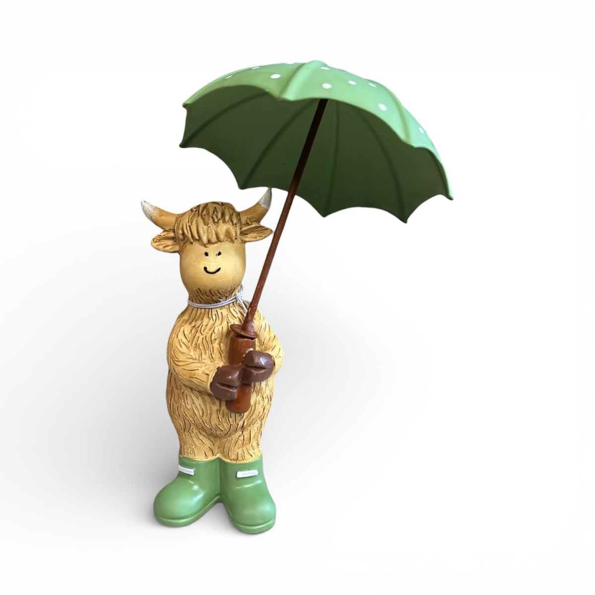 Otis the Highland Cow with Green Umbrella & Wellies 16cm - Cherish Home