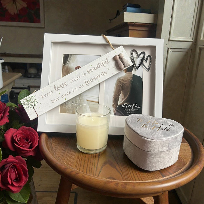 "Ours Is My Favourite" Love Story Gift Box with Pebble Plaque, Heart Frame, and Keepsakes - Cherish Home