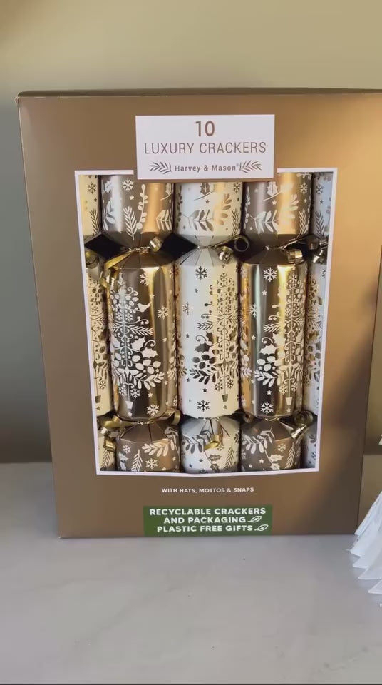 Pack of 10 Luxury Eco-Friendly Christmas Crackers, White & Gold | 14" (35.56cm)
