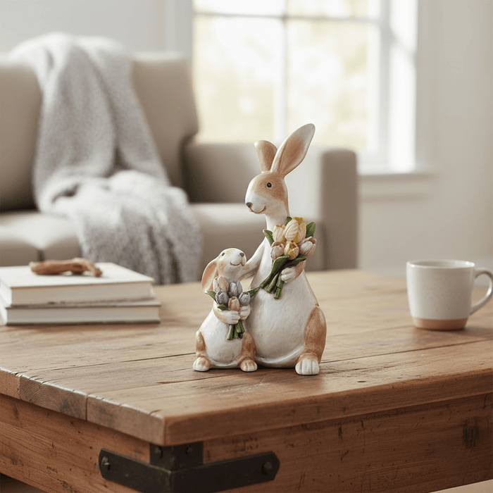 Rachel & Reuben: Mum & Baby Rabbit Floral Figurine – 14cm - Cherish Home