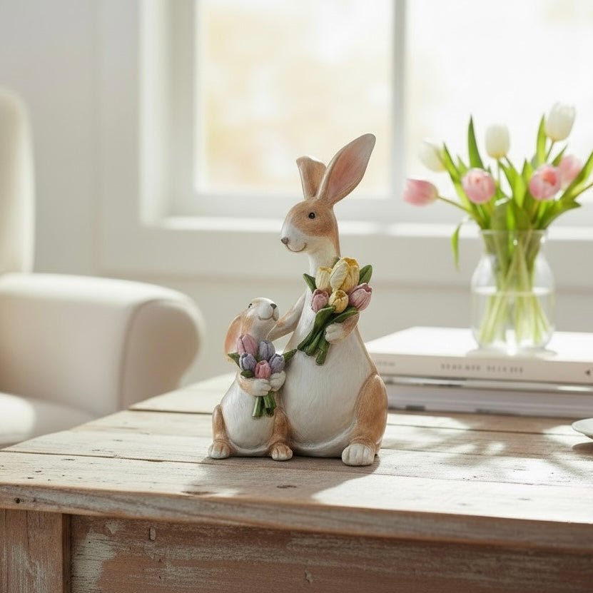 Rachel & Reuben: Mum & Baby Rabbit Floral Figurine – 14cm - Cherish Home