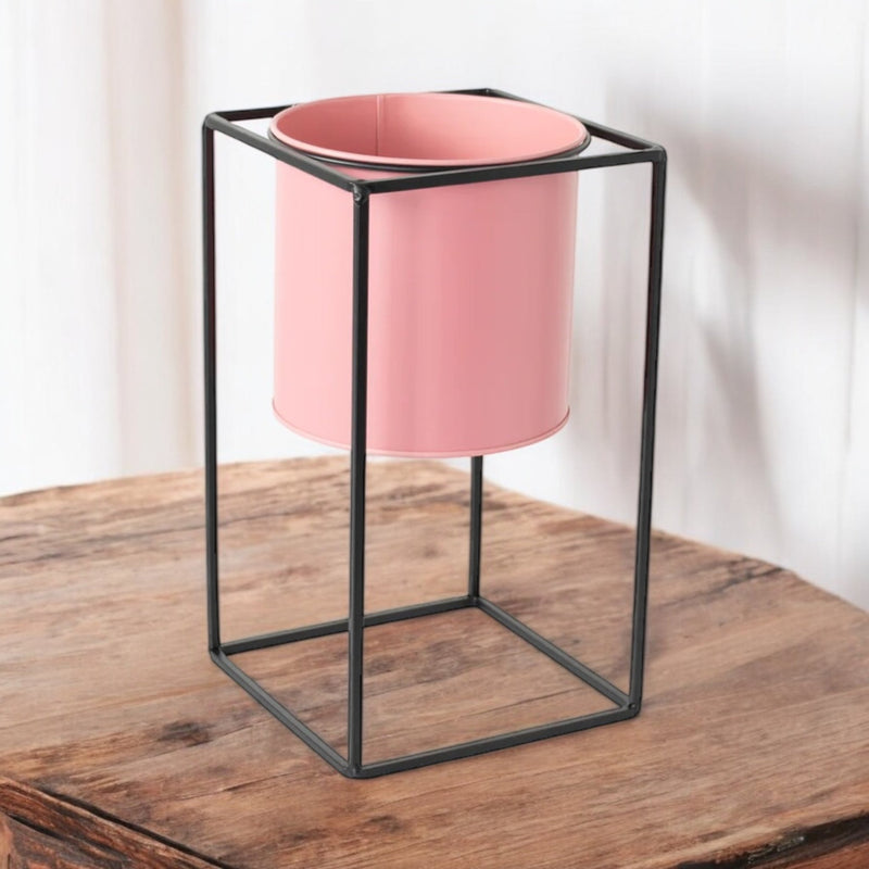 Rammento 30cm Tall Raised Indoor Metal Plant Pot On Stand Pink 15cm Flower Pot - Cherish Home