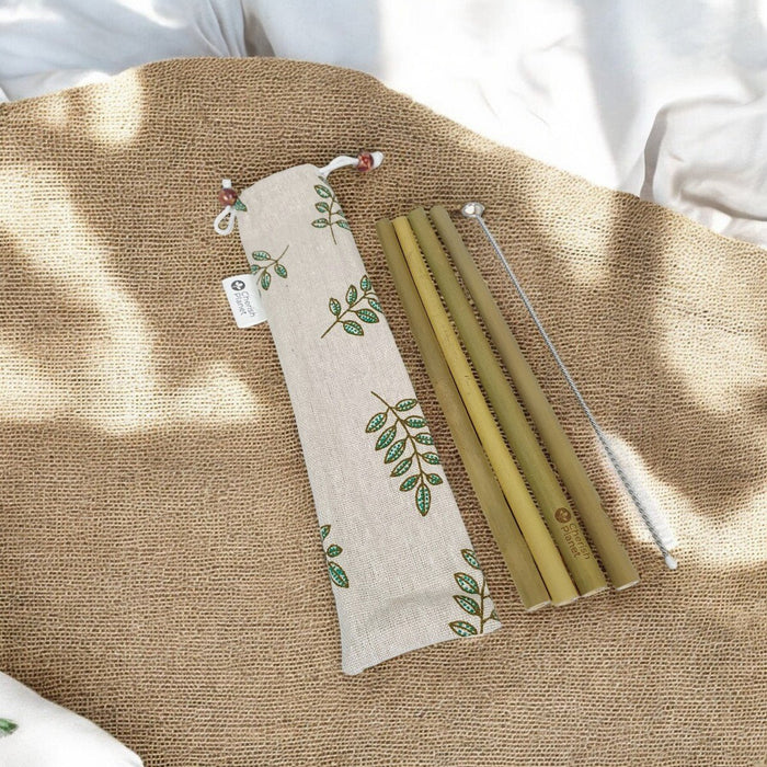 Reusable Bamboo Straw Set with Cream Natural Cotton Pouch - Cherish Home