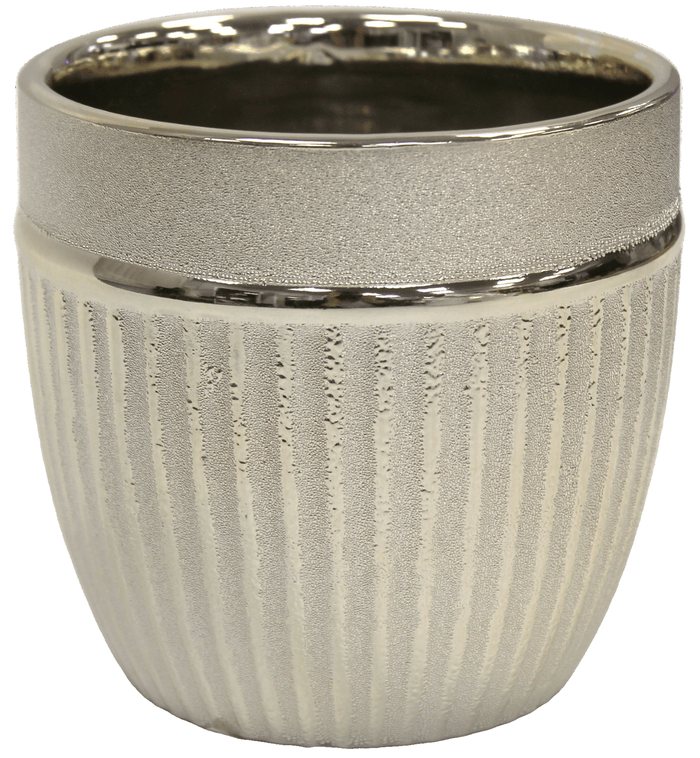 Round Champagne Gold Plant Pot Ceramic Striped Planter Medium Flower Pot - Cherish Home