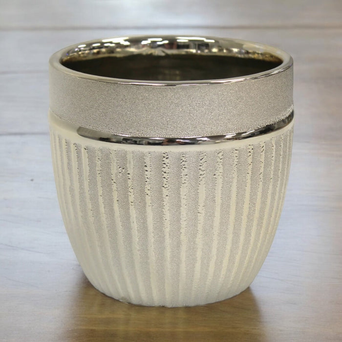 Round Champagne Gold Plant Pot Ceramic Striped Planter Medium Flower Pot - Cherish Home