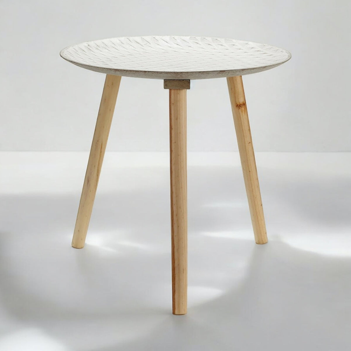 Round Wooden Side Table 50cm 3 Legged Distressed White Diamond Imprint Tray Top - Cherish Home