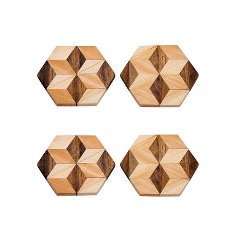 Rustic Hexagon Wood Coasters (Set of 2 or 4) - Handcrafted Natural Wooden Drink Mats for Coffee Table & Bar - Cherish Home