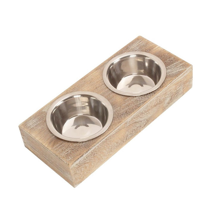 Rustic Wooden Dog Food & Water Bowl Stand Elevated Pet Feeder with Double Bowls for Dogs - Cherish Home