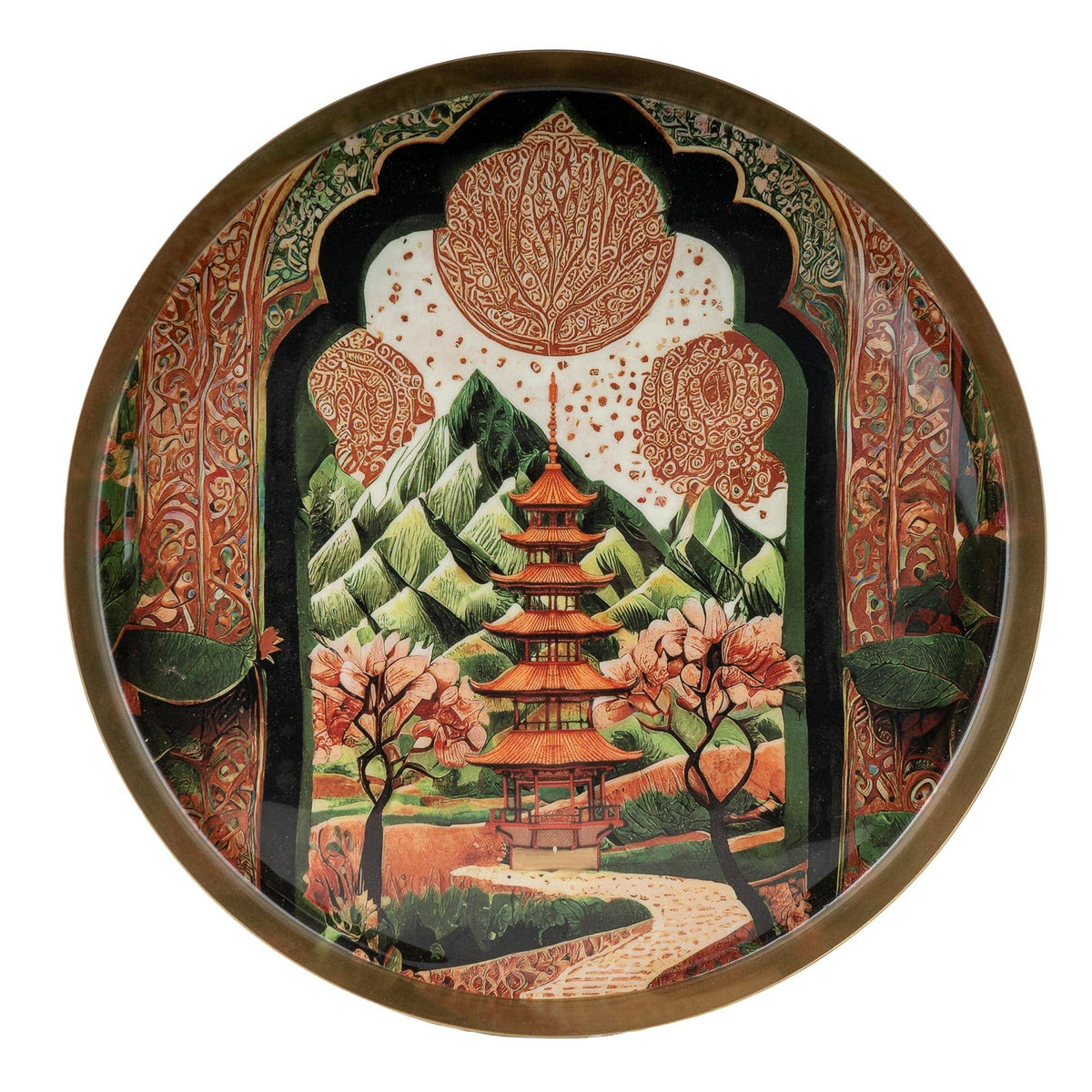 Samarkand Metal Decorative Tray - 12” Round Gold Serving Platter with Traditional Eastern Architecture & Floral Design - Cherish Home
