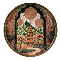 Samarkand Metal Decorative Tray - 12” Round Gold Serving Platter with Traditional Eastern Architecture & Floral Design - Cherish Home