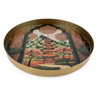 Samarkand Metal Decorative Tray - 12” Round Gold Serving Platter with Traditional Eastern Architecture & Floral Design - Cherish Home