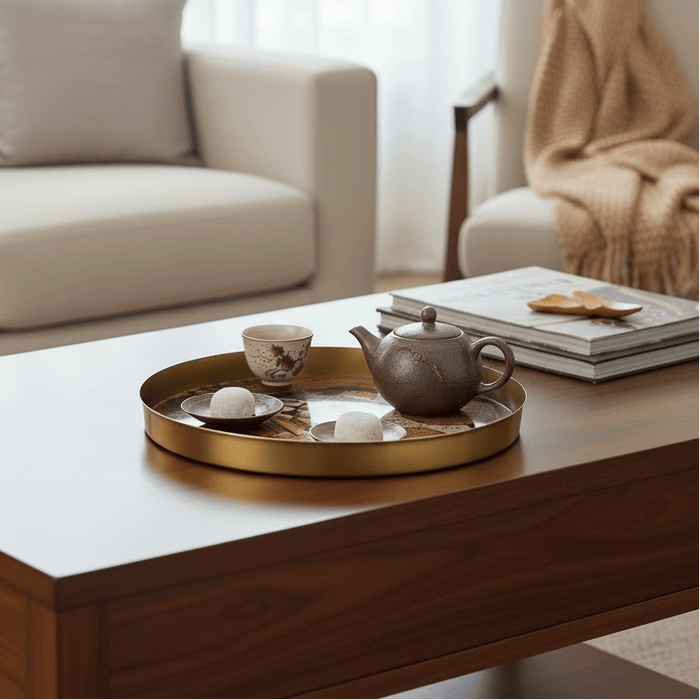 Samarkand Metal Decorative Tray - 12” Round Gold Serving Platter with Traditional Eastern Architecture & Floral Design - Cherish Home