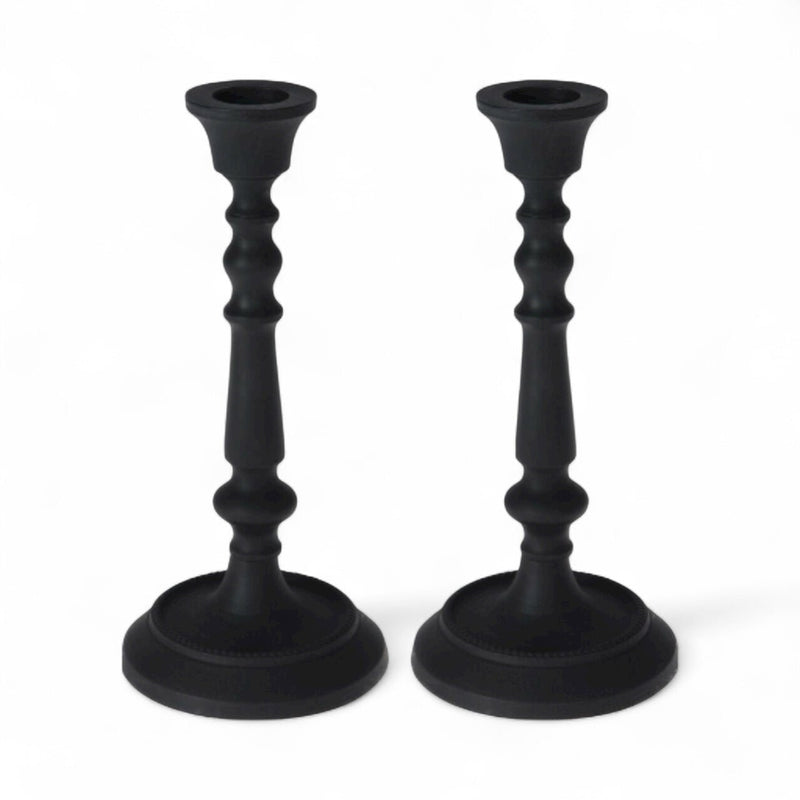 Set of 2 Matt Black Candlesticks Metal Candle Holder Tapper / Dinner Candle 19cm - Cherish Home