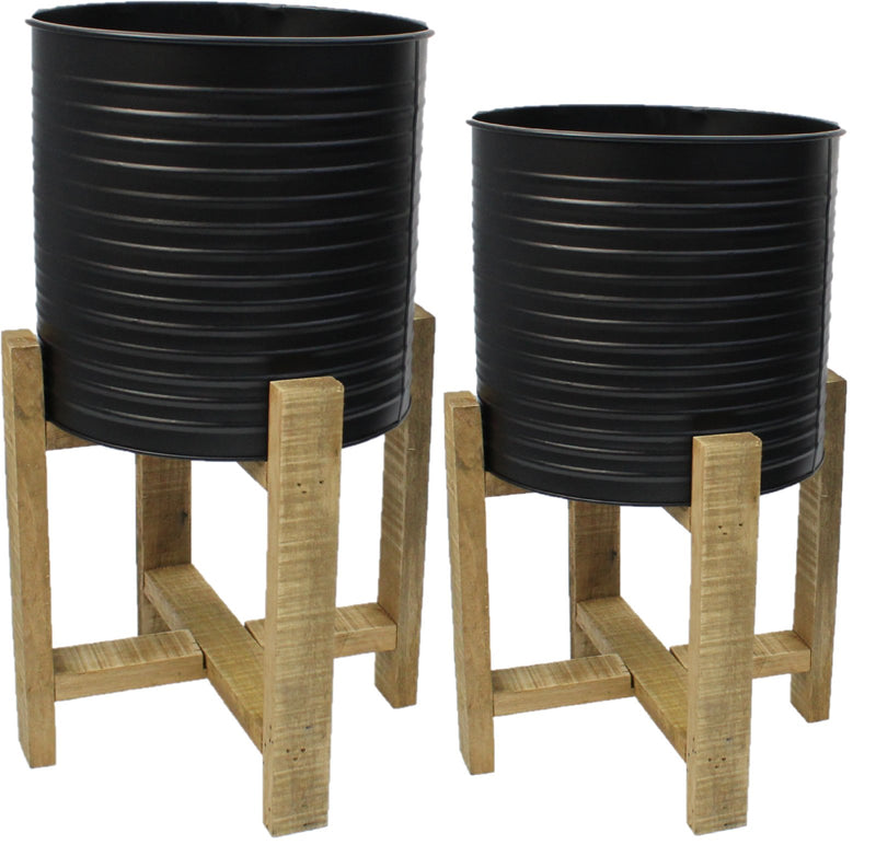 Set of 2 Raised Metal Planters On Stand Black Rippled With Wooden Feet - Cherish Home