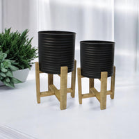 Set of 2 Raised Metal Planters On Stand Black Rippled With Wooden Feet - Cherish Home