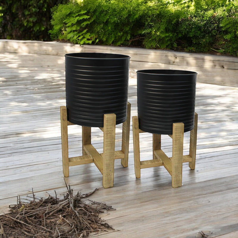 Set of 2 Raised Metal Planters On Stand Black Rippled With Wooden Feet - Cherish Home