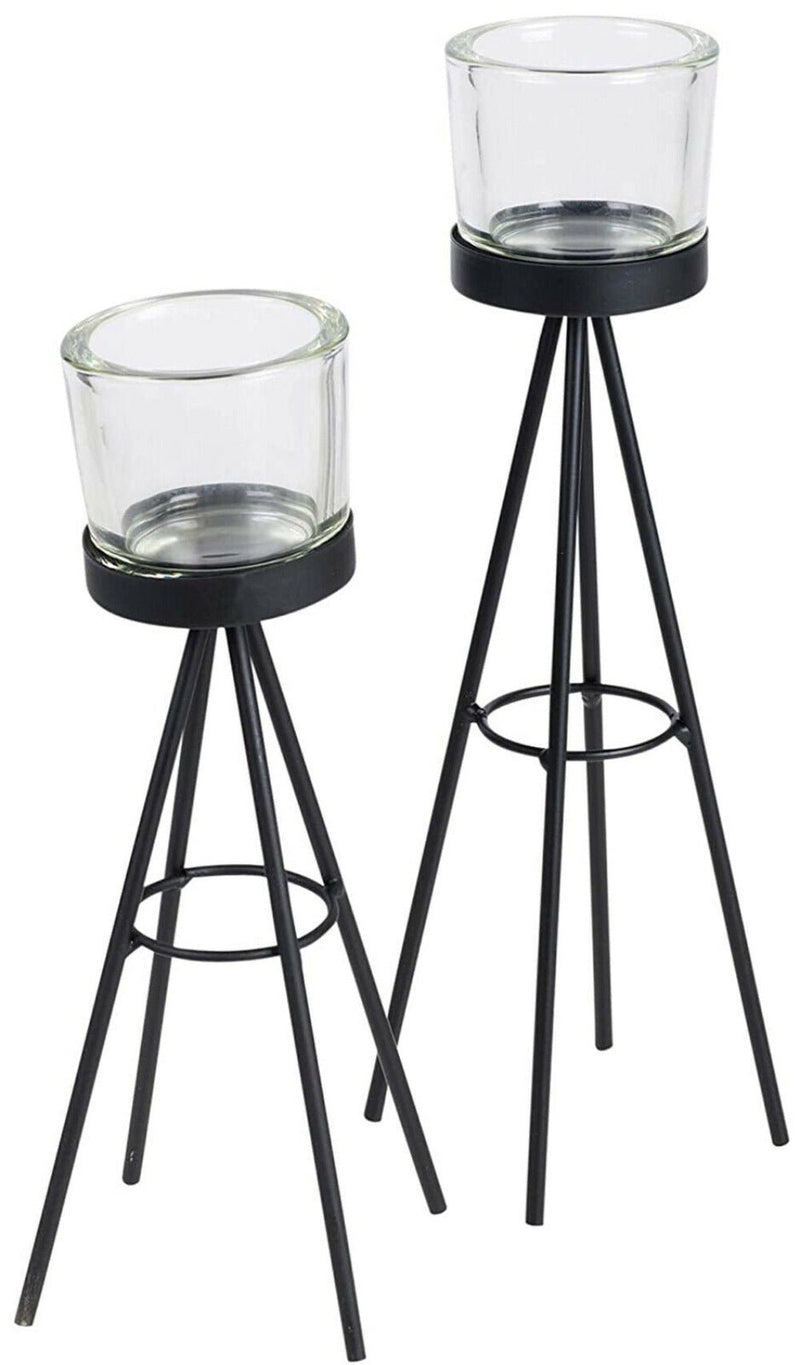 Set Of 2 Tealight Candle Sticks Black Metal Tripod Stand Candle Holder Display - Cherish Home