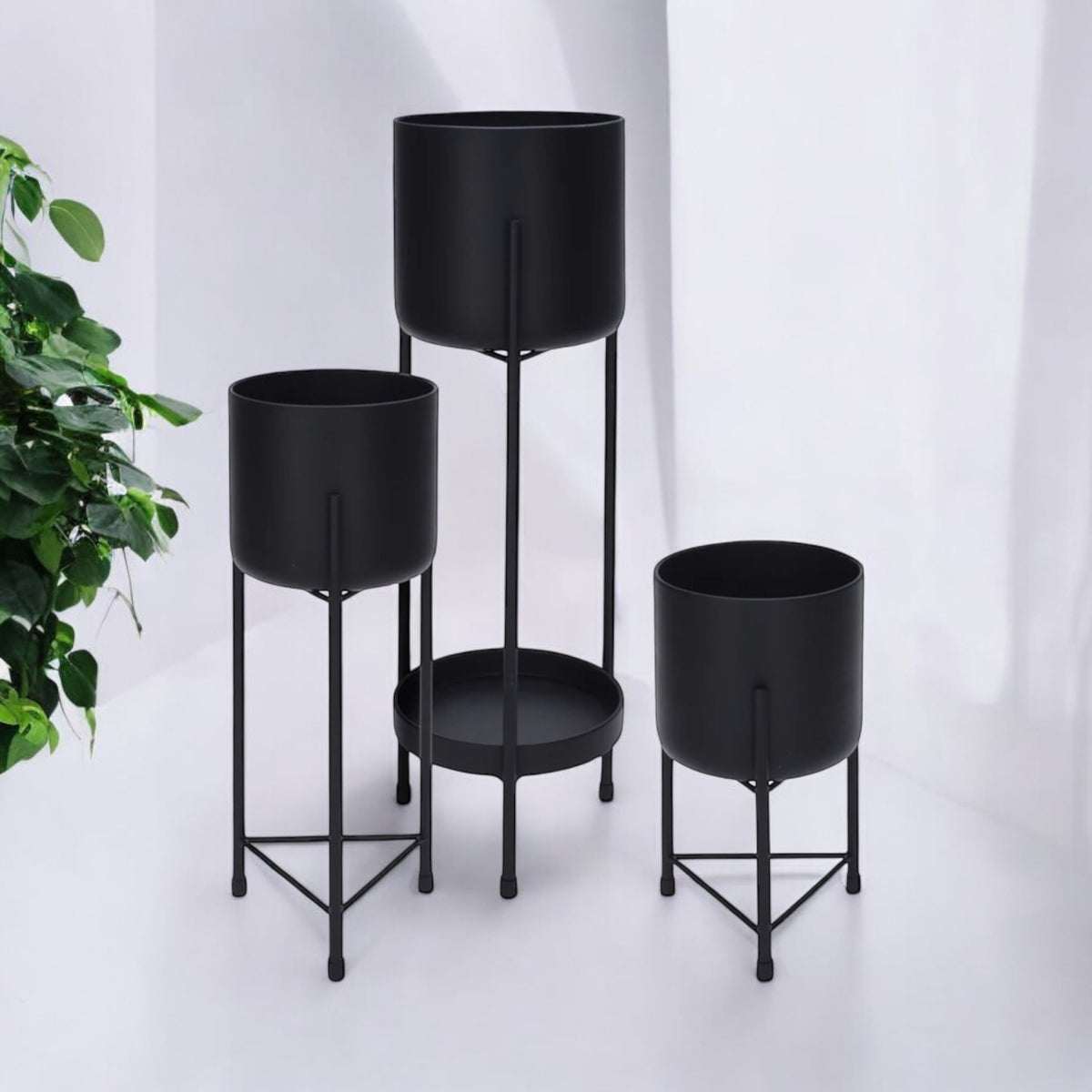 Set Of 3 Raised Flower Pots With Stand Black Metal Plant Pots Decorative Planter - Cherish Home