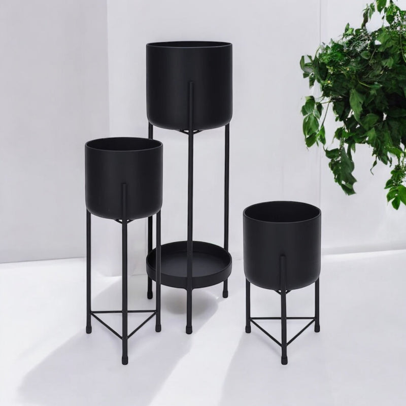 Set Of 3 Raised Flower Pots With Stand Black Metal Plant Pots Decorative Planter - Cherish Home