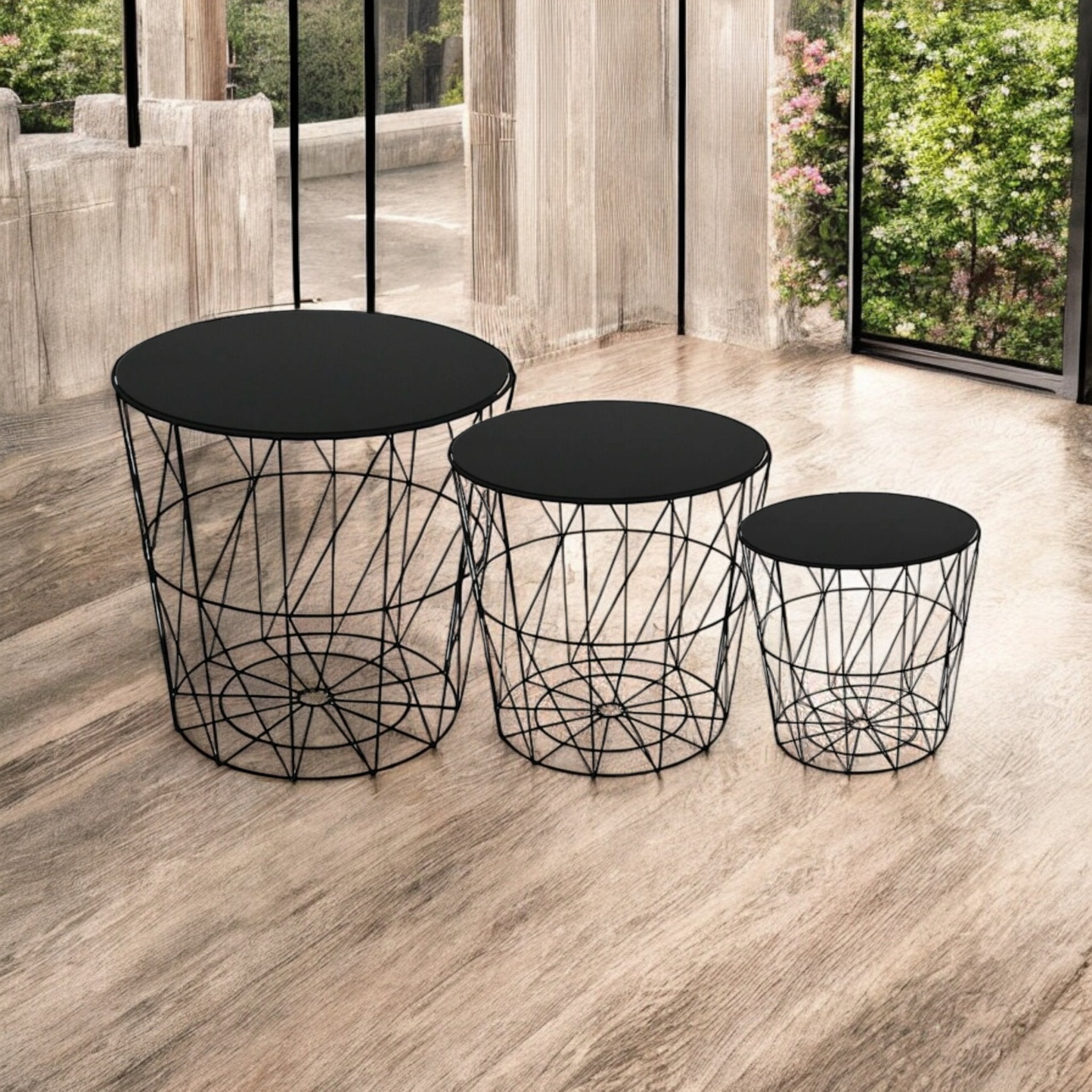Set Of 3 Side Tables Nesting Coffee Tables Black With Black Glass Top Cherish Home