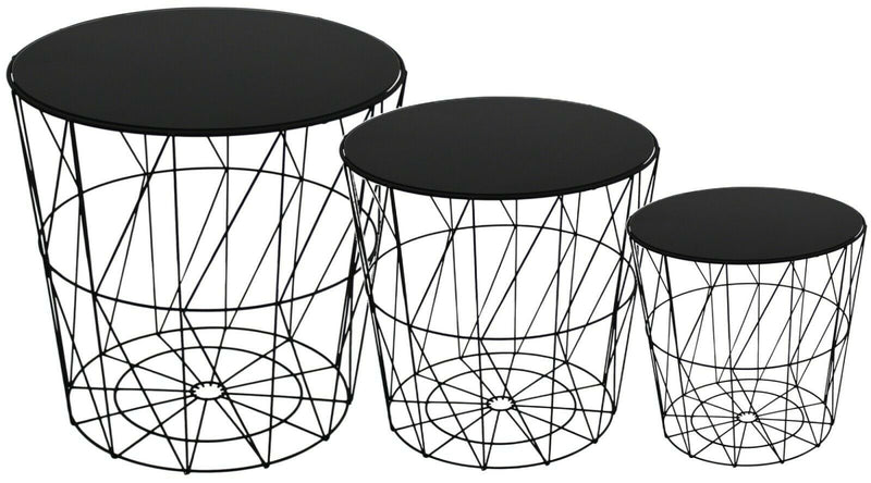 Set Of 3 Side Tables Nesting Coffee Tables Black With Black Glass Top - Cherish Home