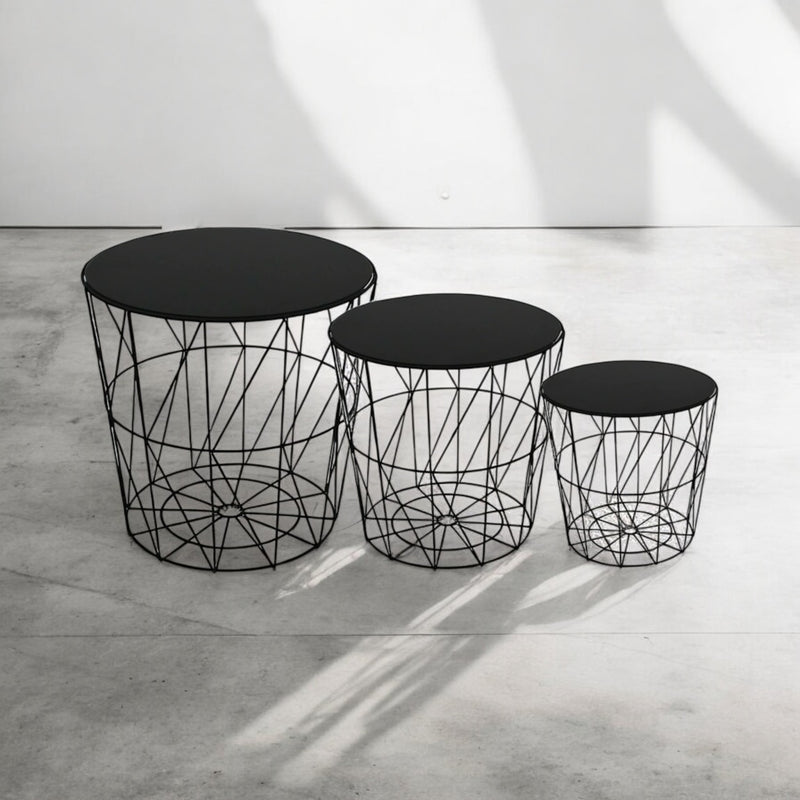 Set Of 3 Side Tables Nesting Coffee Tables Black With Black Glass Top - Cherish Home