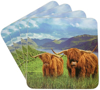 Set Of 4 Cork Back Coasters Highland Cow Design Non Slip Square Table Coasters - Cherish Home