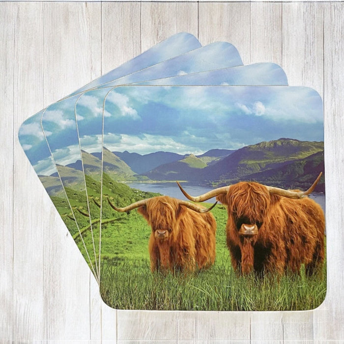 Set Of 4 Cork Back Coasters Highland Cow Design Non Slip Square Table Coasters - Cherish Home