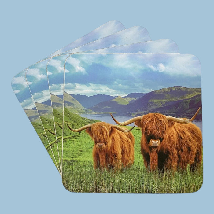 Set Of 4 Cork Back Coasters Highland Cow Design Non Slip Square Table Coasters - Cherish Home