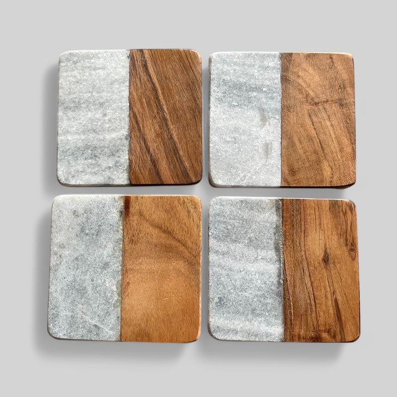 Set of 4 Mango Wood & Marble Coasters - Cherish Home