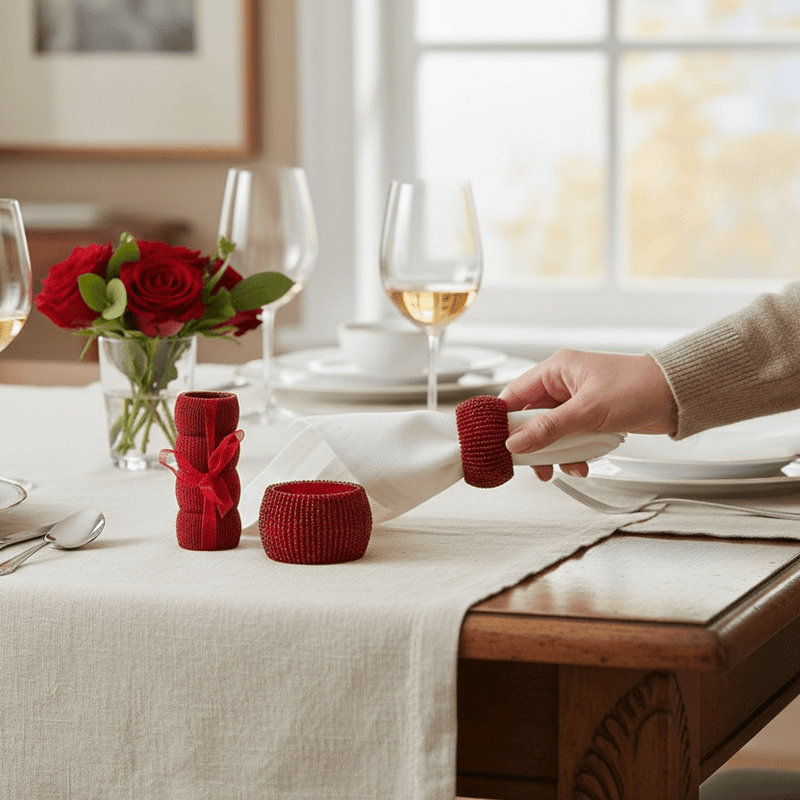 Set of 4 Red Napkin Rings Metal With Red Beads Serviette Rings - Cherish Home