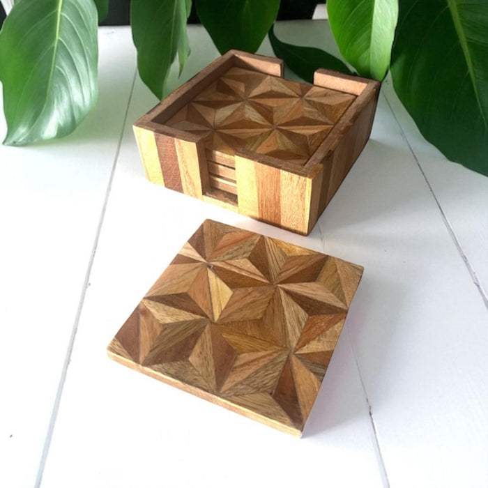 Set of 4 Woodern Geometric Patterned Coasters with Holder - Cherish Home