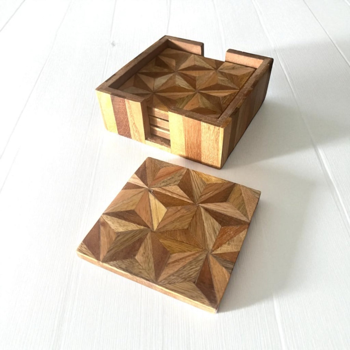 Set of 4 Woodern Geometric Patterned Coasters with Holder - Cherish Home