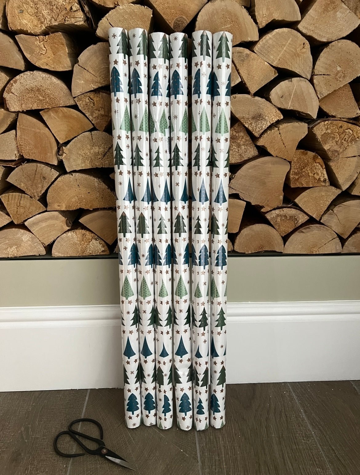 Set of 6 Christmas Wrapping Paper Rolls Green Blue Tree Design Gift Wrapping 12m - Cherish Home