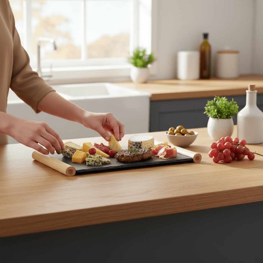 Slate Cheese Board/Tray With Bamboo Wooden Handles - Cherish Home