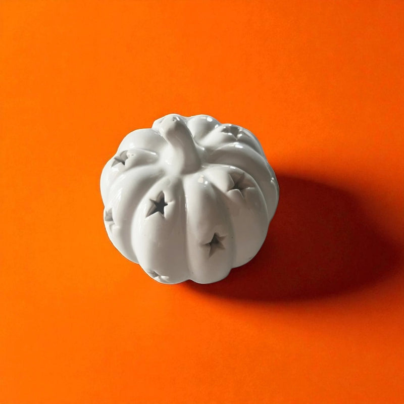 Small Halloween LED Light - up Ceramic White Pumpkin 8cm - Cherish Home