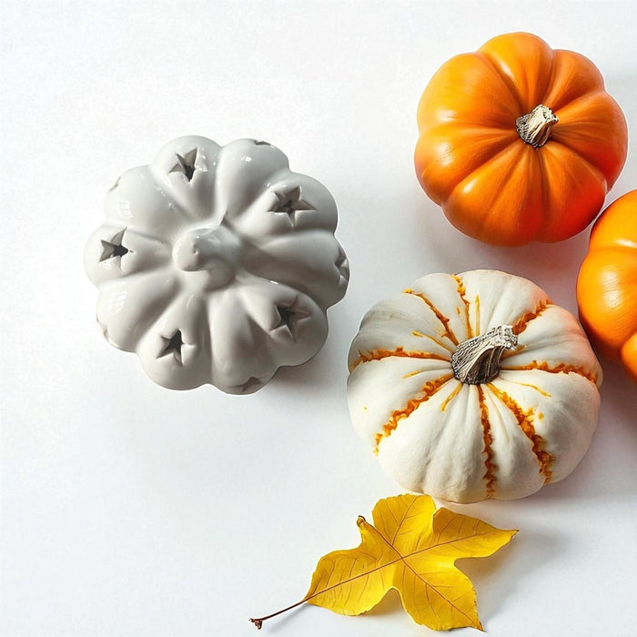 Small Halloween LED Light - up Ceramic White Pumpkin 8cm - Cherish Home