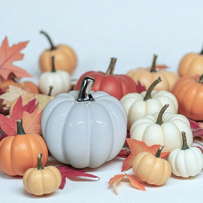 Small White Pumpkin Ornament with silver stalk - Cherish Home