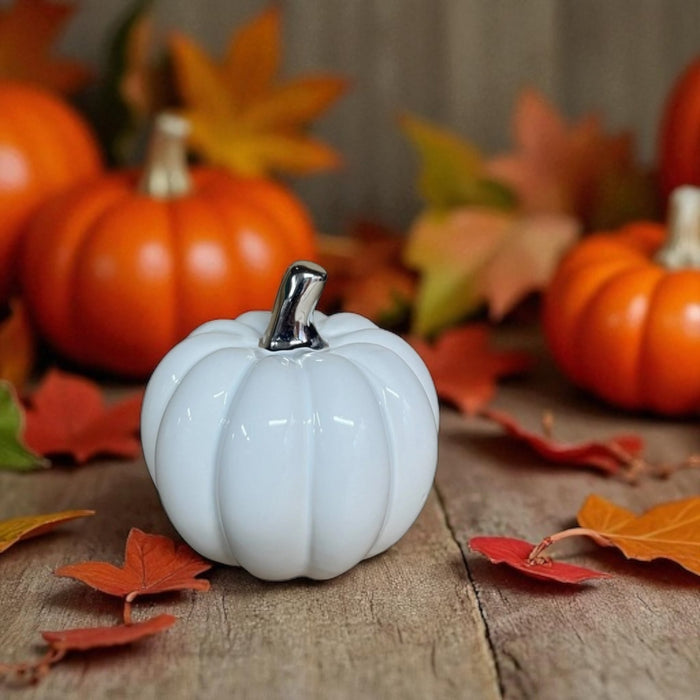 Small White Pumpkin Ornament with silver stalk - Cherish Home