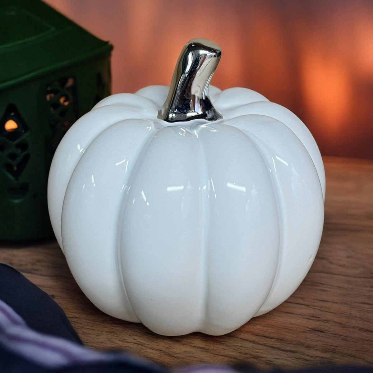 Small White Pumpkin Ornament with silver stalk - Cherish Home