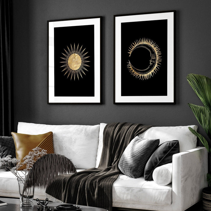 Sun and Moon Wall Art Prints (Set of 2) - Celestial Boho Decor for Bedroom, Living Room, Yoga Studio - Cherish Home