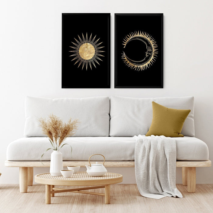 Sun and Moon Wall Art Prints (Set of 2) - Celestial Boho Decor for Bedroom, Living Room, Yoga Studio - Cherish Home