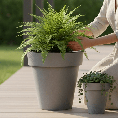 Tall Plastic Plant Pot with Insert, Grey Beton - Effect 18/25L Pot - Cherish Home