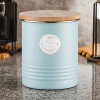 Typhoon 1 Litre Blue Metal Sugar Canister Airtight Bamboo Lid Kitchen Storage Tin - Cherish Home