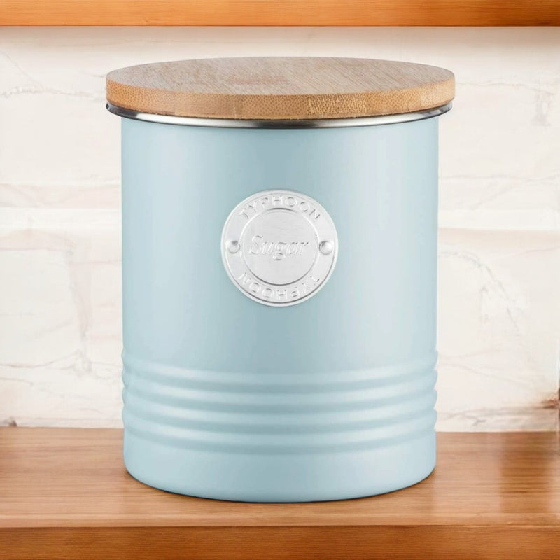 Typhoon 1 Litre Blue Metal Sugar Canister Airtight Bamboo Lid Kitchen Storage Tin - Cherish Home