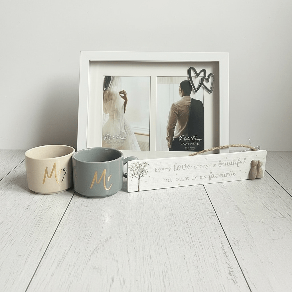 Unique Wedding Gift Box Set: Mr & Mrs Mugs, Keepsake Pebble Sign, and Double Photo Frame - Cherish Home