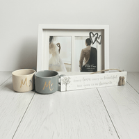 Unique Wedding Gift Box Set: Mr & Mrs Mugs, Keepsake Pebble Sign, and Double Photo Frame - Cherish Home
