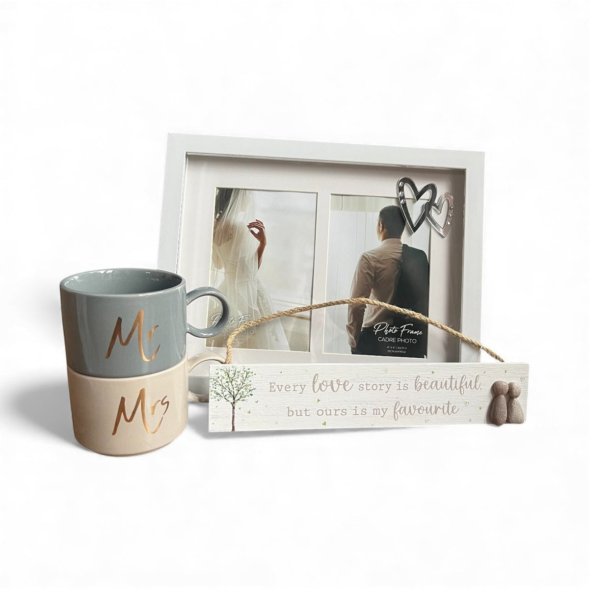 Unique Wedding Gift Box Set: Mr & Mrs Mugs, Keepsake Pebble Sign, and Double Photo Frame - Cherish Home